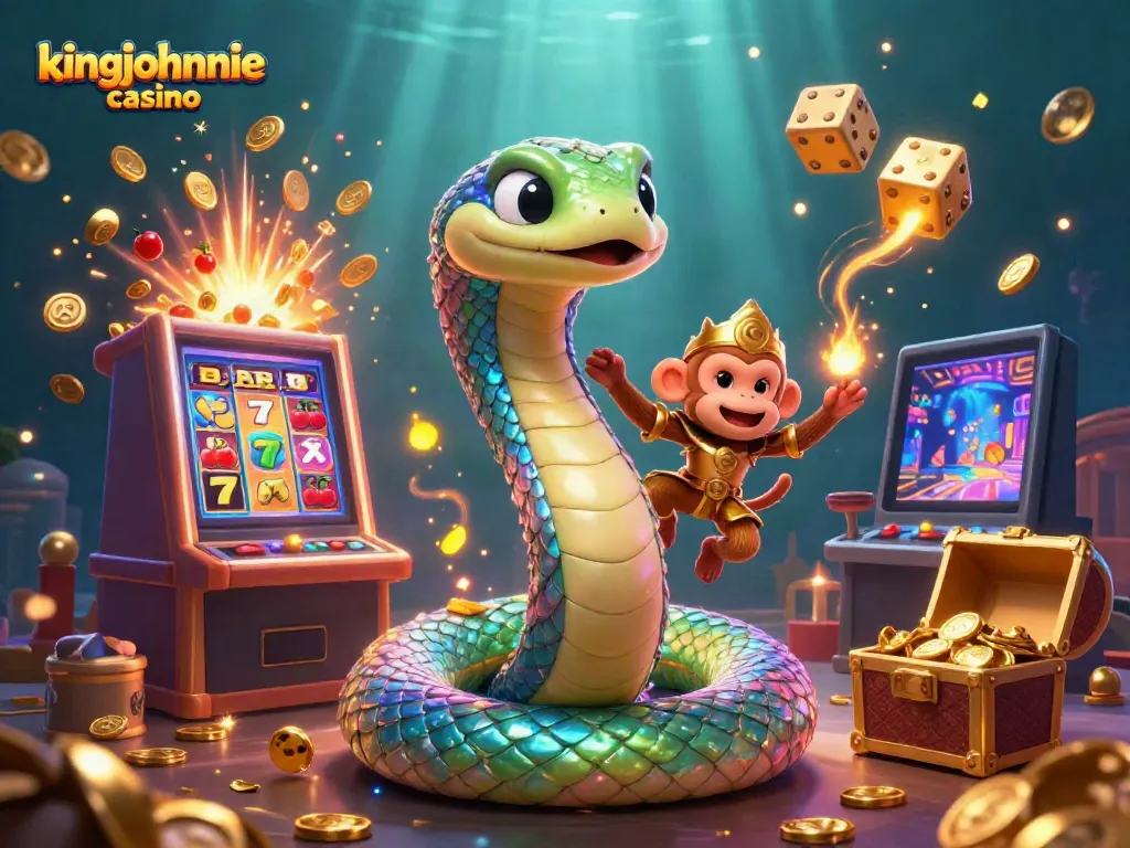 Engage in vibrant gaming at kingjohnnie casino with a magical scene of playful characters and slot machine action.