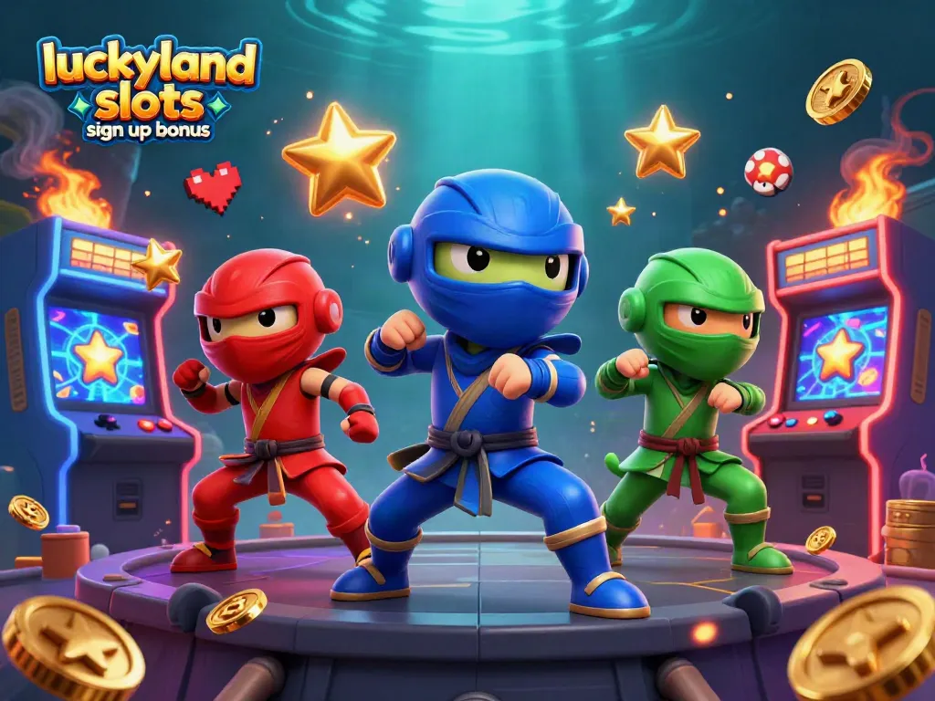 Engage with the thrilling luckyland slots sign up bonus and 3D chameleons performing martial arts in a vibrant casino scene.