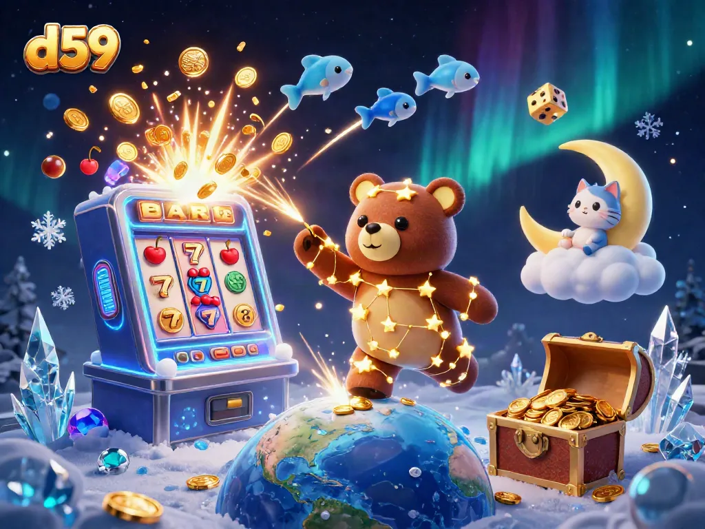 "d59 offers an exciting experience as players scoop coins from a burst slot machine amidst vibrant visual effects."