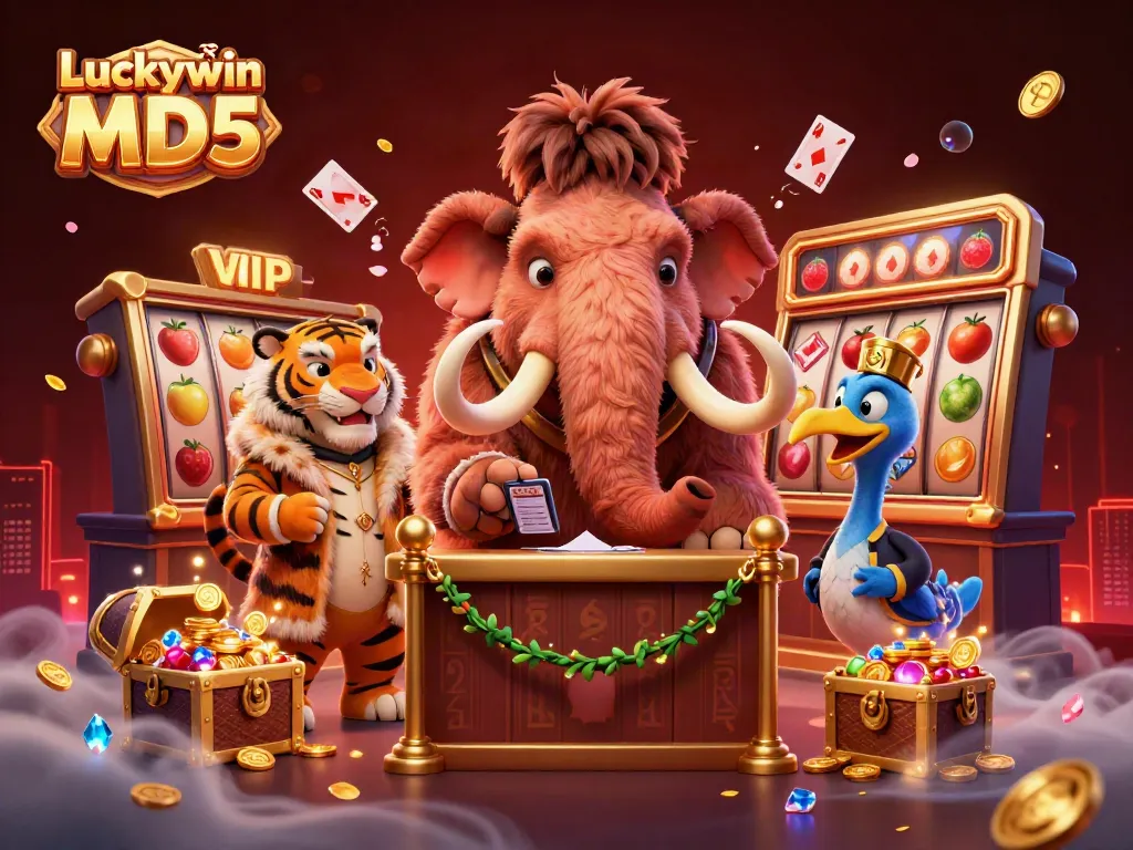 Experience thrilling gameplay at Luckywin tài xỉu MD5, featuring vibrant 3D casino characters surrounded by exciting game elements.