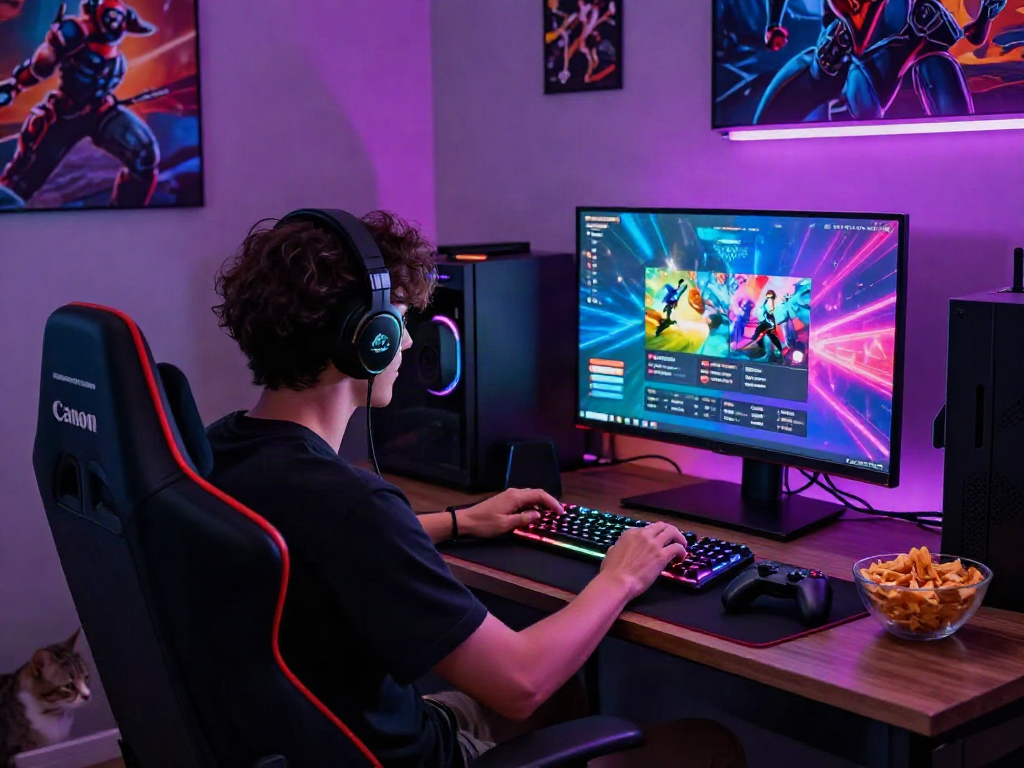 Engaged gamer playing porngames with vibrant screen and dynamic lighting