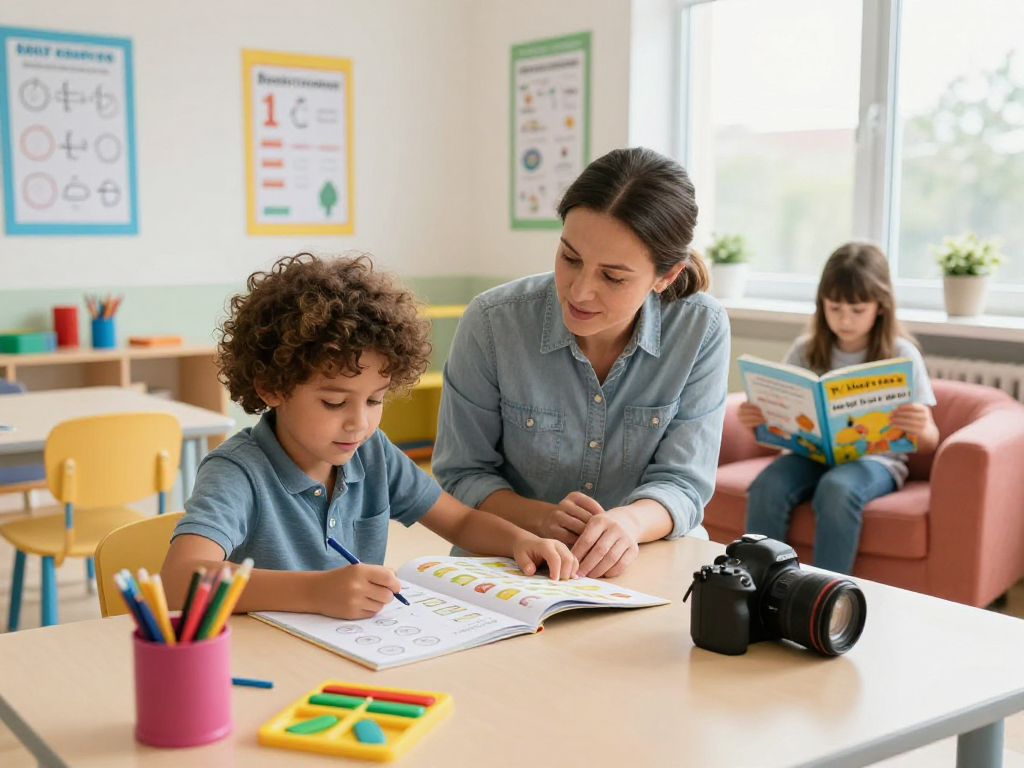 Interactive learning scene with math and English tutors guiding children in a bright, engaging classroom environment.