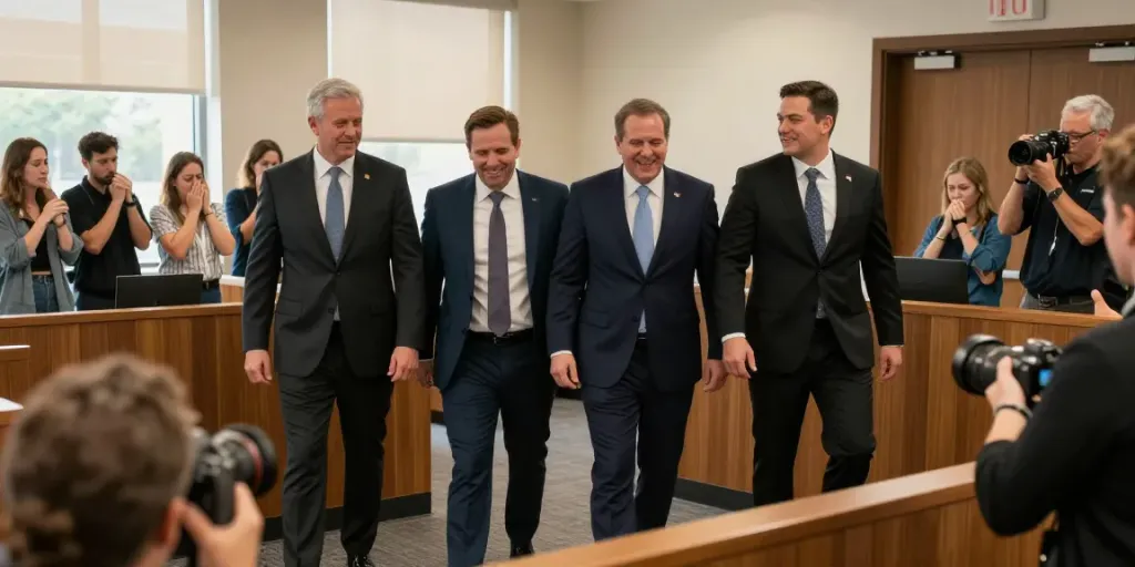 Mark Litwin Marrisa Holdings executives celebrating acquittal in courtroom, showcasing relief and victory.