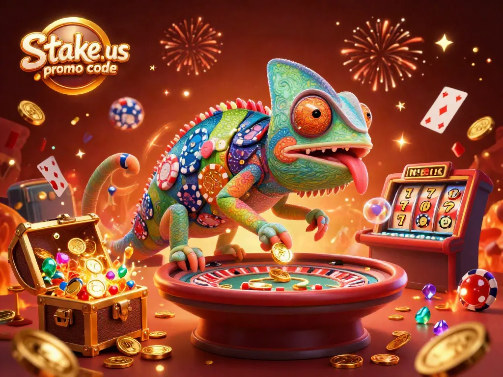 Claim your rewards with the stake.us promo code in this vibrant 3D casino scene packed with excitement.