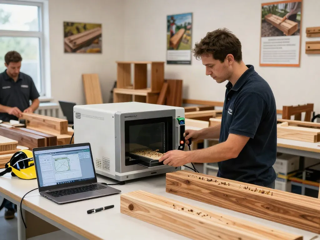 SHASHEL® microwave wood treatment in a workshop setting, showcasing innovative pest elimination technology.