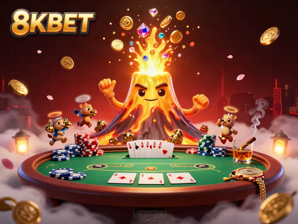 Experience the excitement with 8KBET's 3D casino scene featuring treasure and poker action.