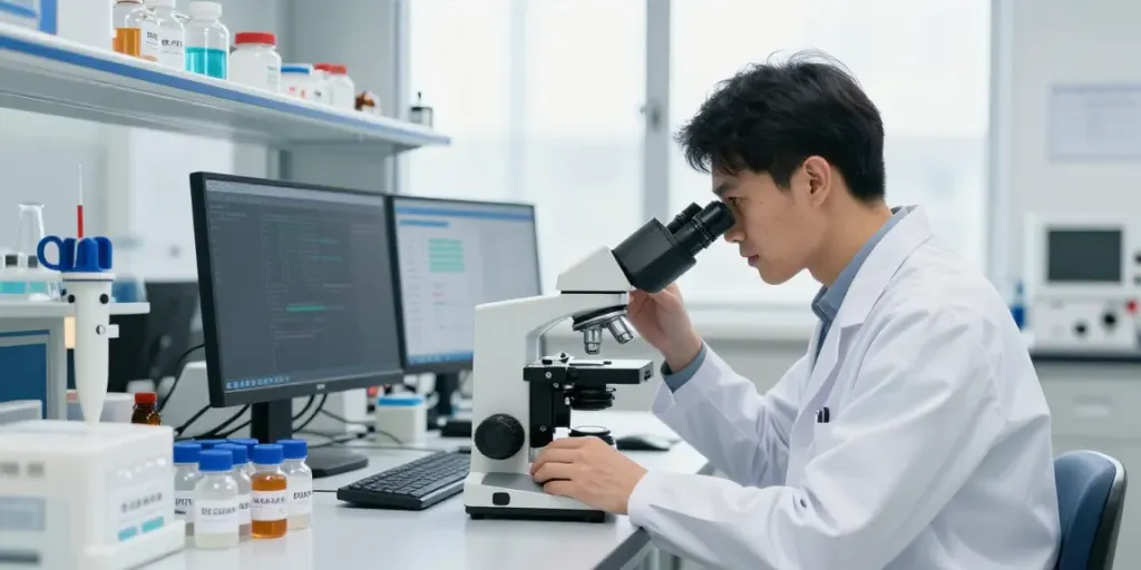 Scientist analyzing pure pep research peptides in a bright lab setting.