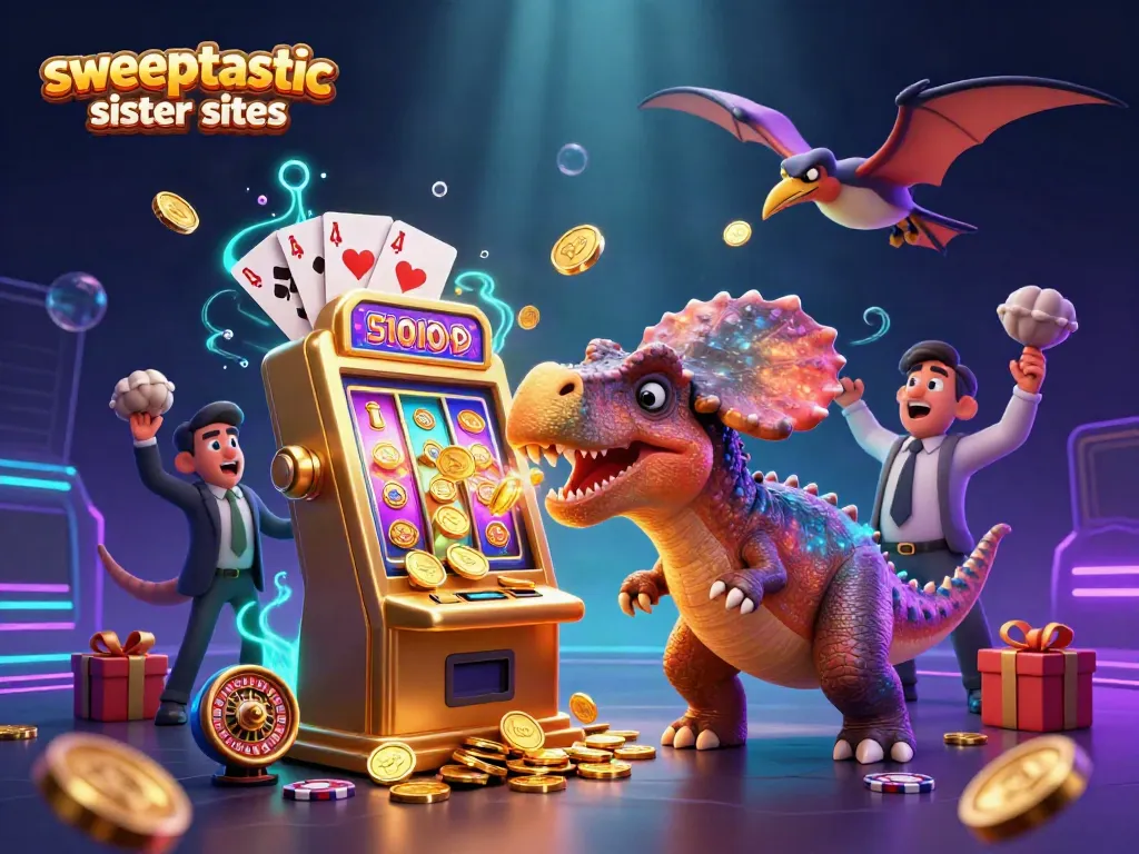 Sweeptastic sister sites showcased with a colorful jackpot scene featuring playful dinosaurs interacting with a slot machine.