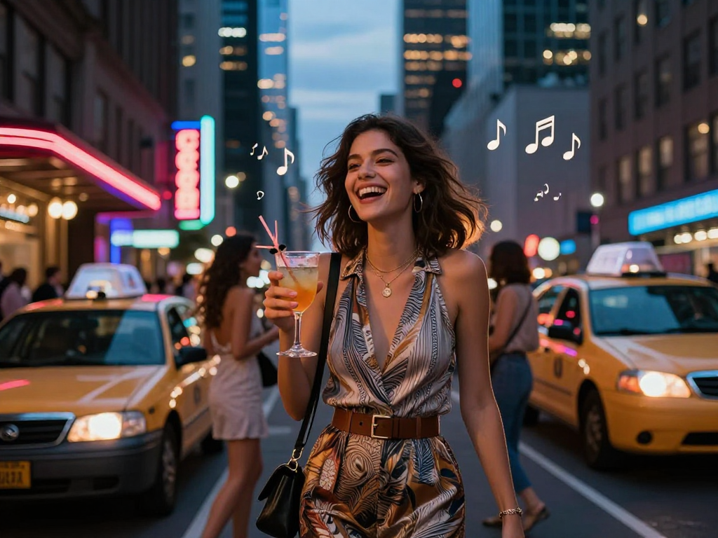 Gái gọi trong không gian đêm thành phố sôi động, mặc đồ thời trang và cầm ly cocktail.