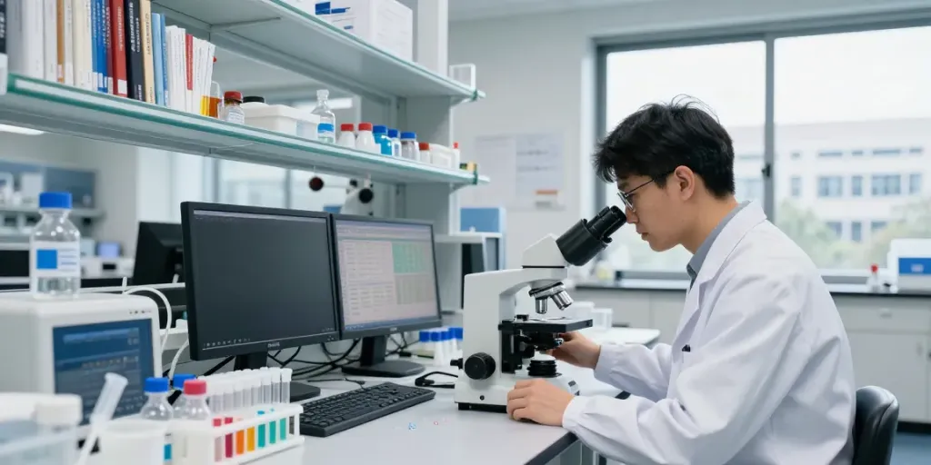 Scientist analyzing peptides prices and samples in a modern laboratory environment.