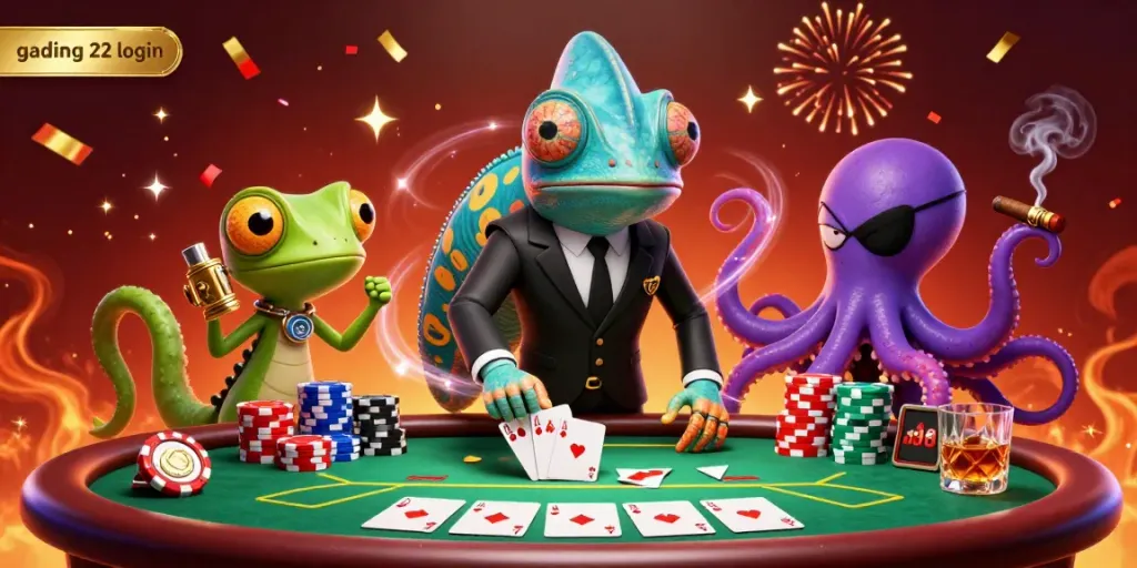 Engage with gading 22 login at a vibrant casino scene featuring a secret agent chameleon and a tech-gecko.