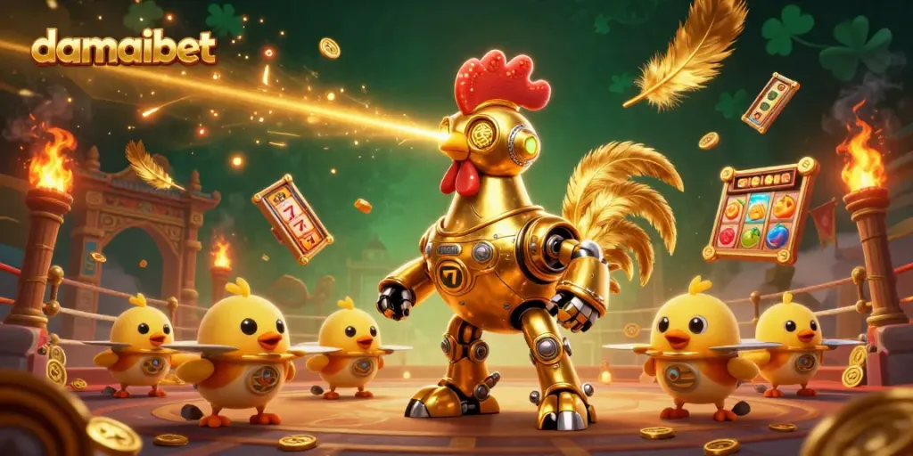 Damaibet promotion featuring a golden rooster robot amidst dynamic casino elements like slot reels and coins.