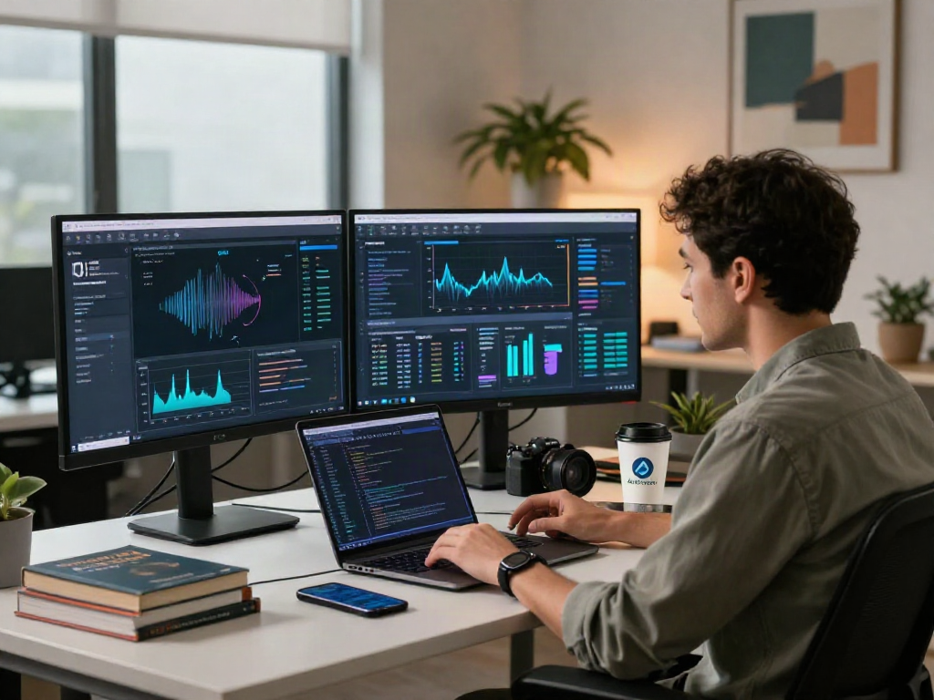 Data analyst utilizing AI Detector software in modern office with multiple screens and data visualizations.