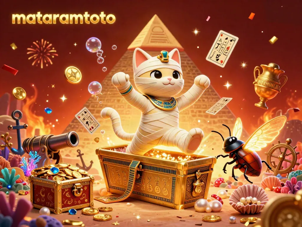 Mataramtoto ushers players into a lively gambling scene with a mummy cat and a scarab beetle in a vibrant casino setting.
