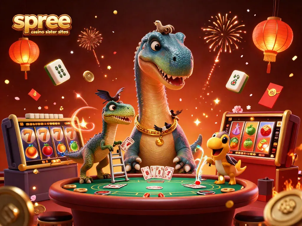 Engage with spree casino sister sites through a whimsical casino scene featuring a tall dinosaur and a clever raptor.
