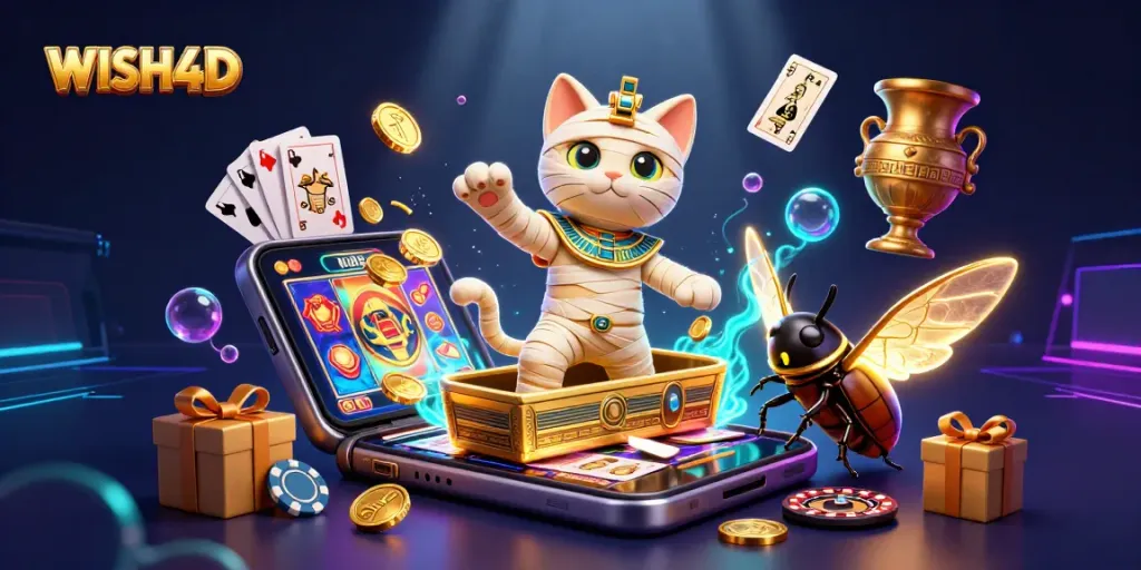 Experience WISH4D with a captivating 3D scene showcasing a mummy cat and gaming elements in a pyramid casino.