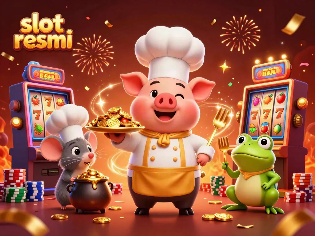 Experience slot resmi with a festive scene featuring a pig chef, mouse, and frog in a vibrant casino atmosphere.