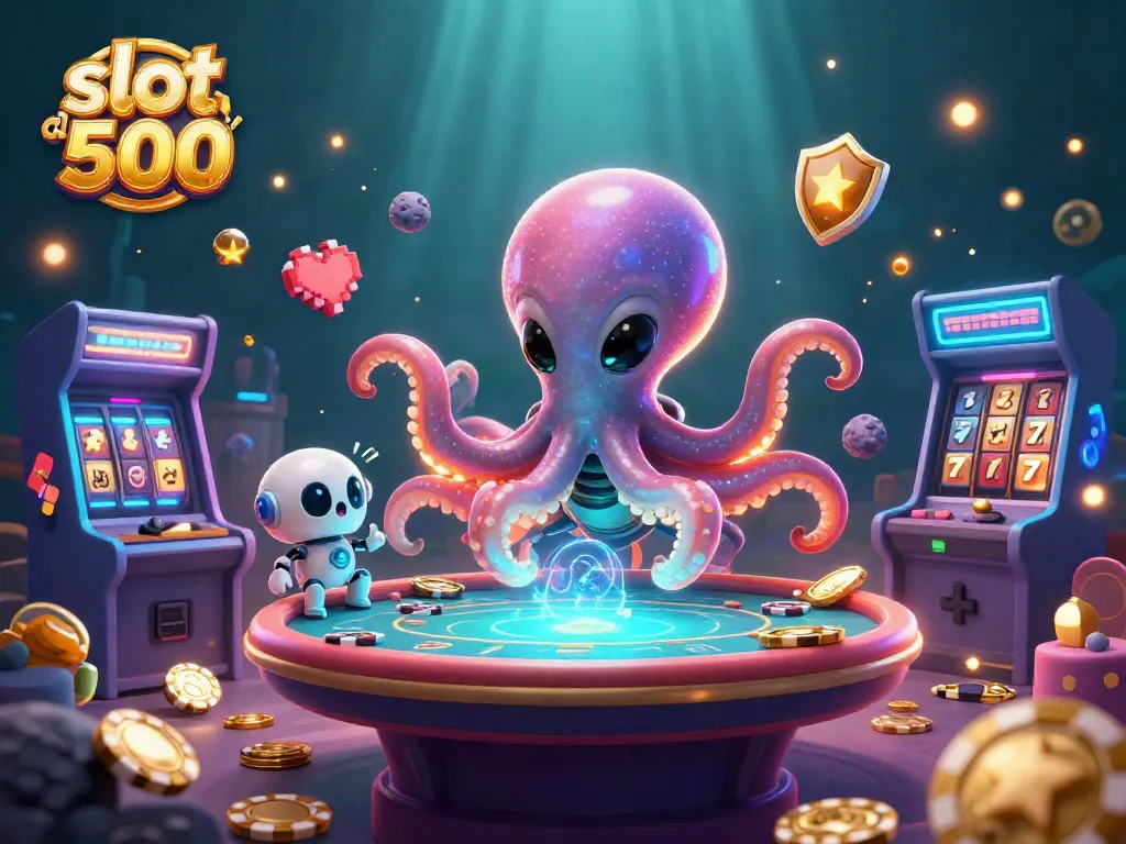 Experience exciting gameplay with slot deposit 500 as alien octopus mixes gaming fun in a vibrant casino scene.