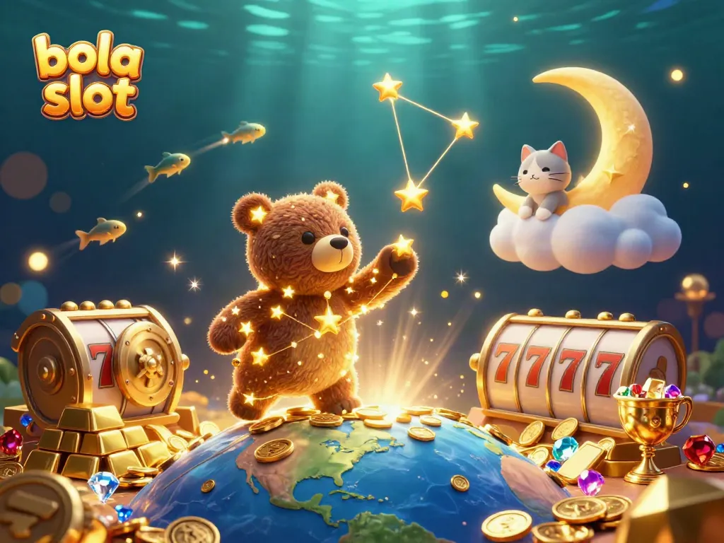 Engaging illustration of a constellation bear in a vibrant casino scene themed around bola slot, surrounded by enchanting elements.