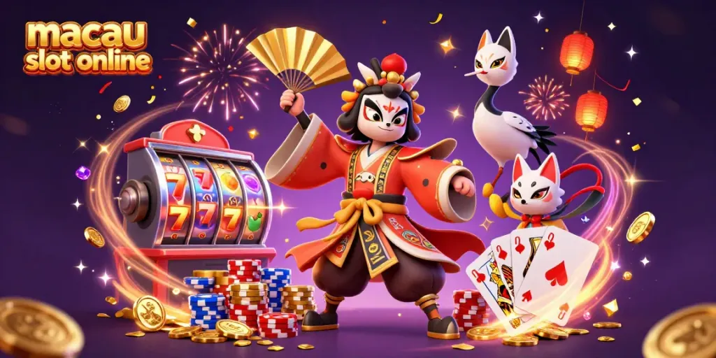 Memainkan game macau slot online dengan karakter unik, chip poker, dan koin emas bertebaran.