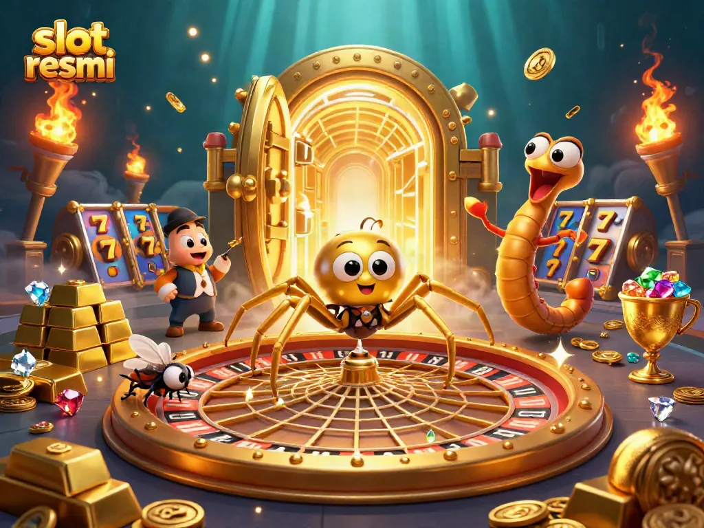 Experience thrilling gameplay at slot resmi featuring a dynamic roulette wheel web and animated characters.
