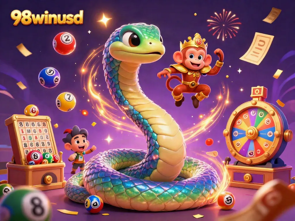 Immerse in the magical world of 98winusd as vibrant lotto balls dance among a rainbow serpent and a playful monkey king.