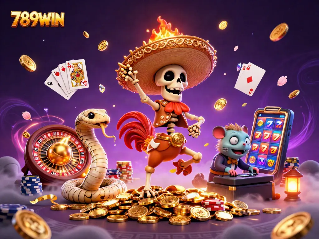 Experience the excitement of 789WIN with a colorful victory scene brimming with gaming elements.