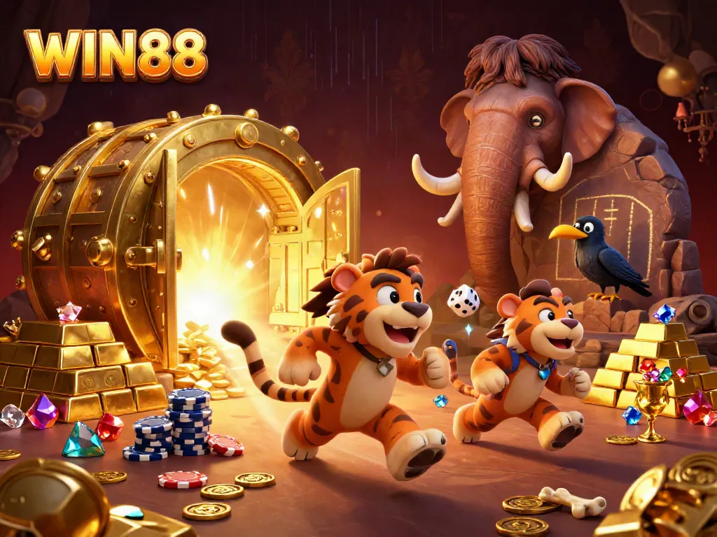 Immerse yourself in the WIN88 casino experience with a lively illustration of a caveman and sabertooth duo.