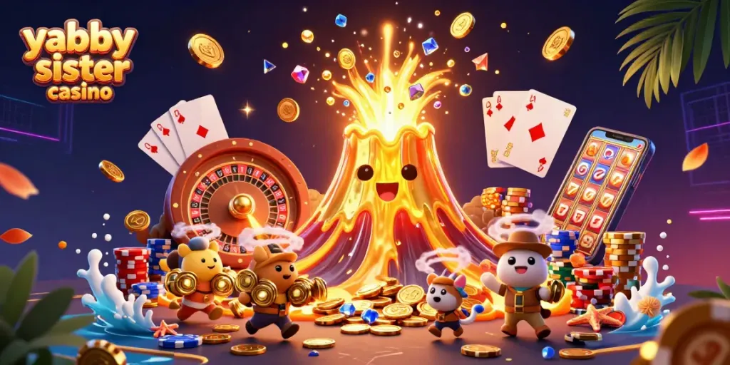Win big at yabby sister casino with vibrant gaming action, coins, and treasure!
