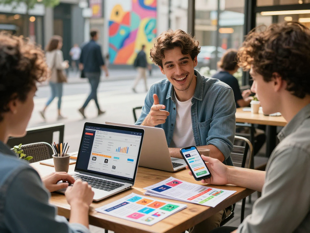 Buy android installs in a vibrant urban cafe setting, showcasing a young team strategizing app marketing with laptops and smartphones.