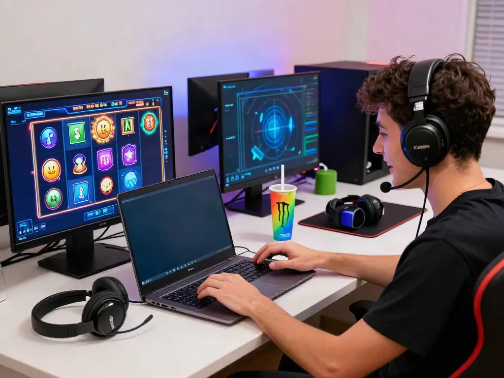 Player enjoying link slot777 on modern laptop with vibrant graphics and gaming setup.