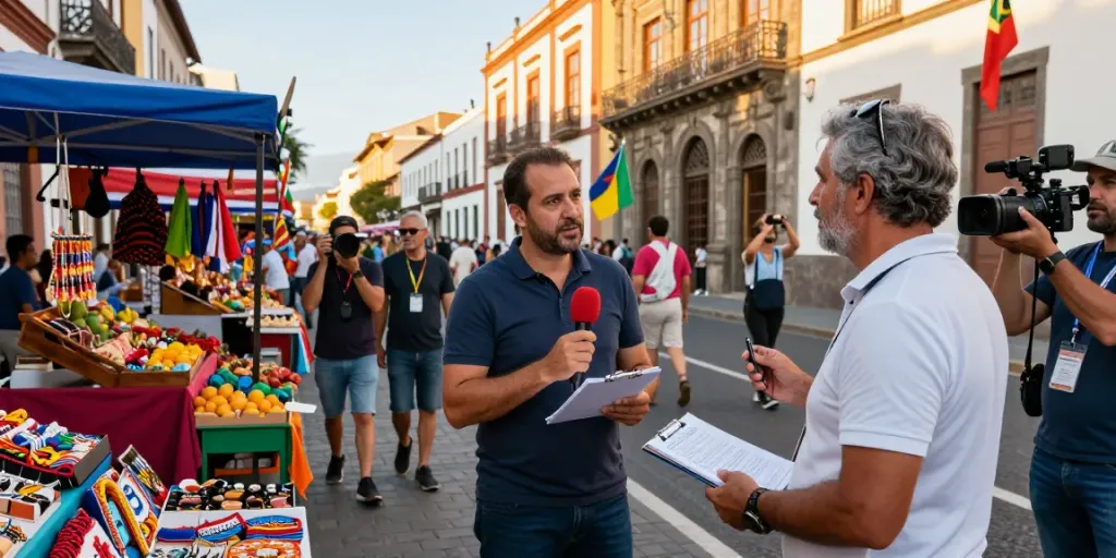 Tenerife news scene featuring journalist interviewing locals in vibrant urban market setting.