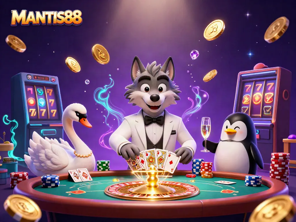Experience thrilling card games with MANTIS88, as a debonair wolf and elegant companions elevate your gameplay.