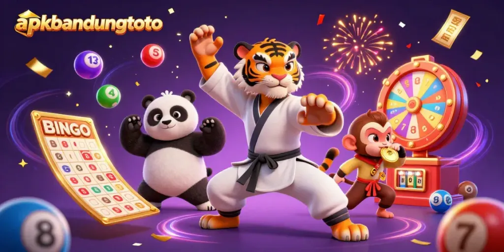 A dynamic 3D scene where apkbandungtoto characters celebrate with colorful lottery elements, showcasing excitement.