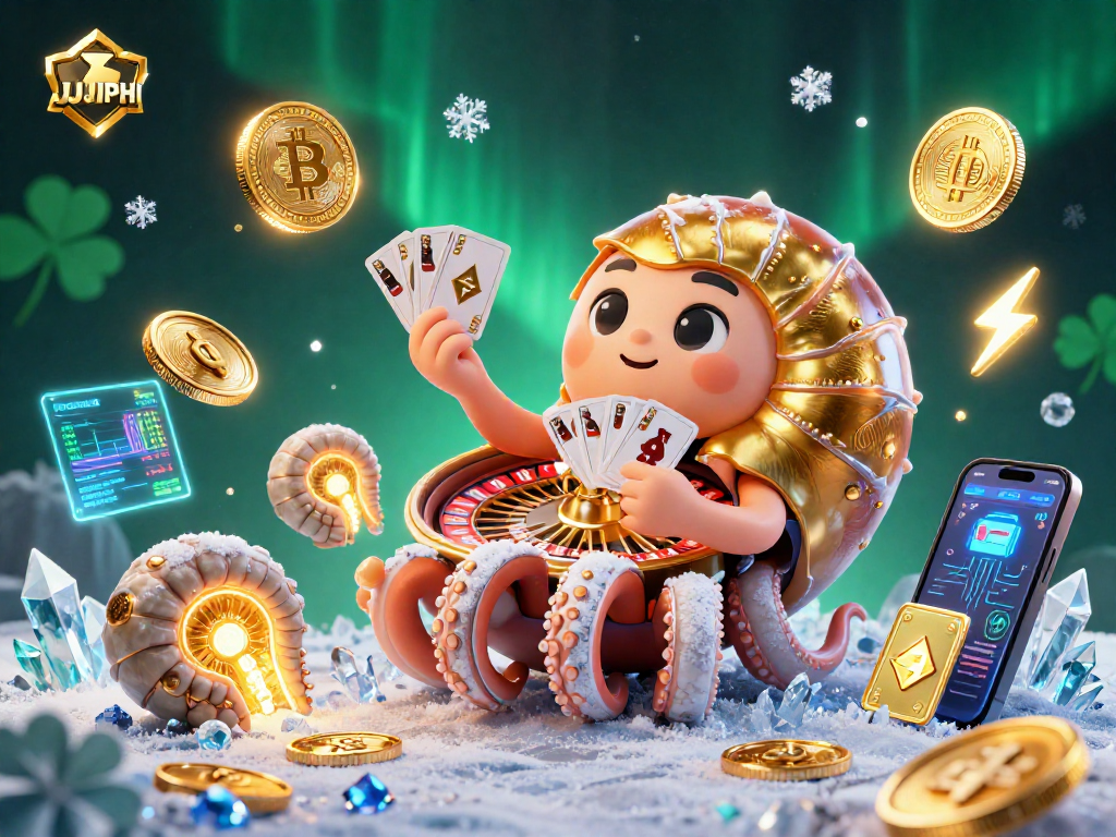 Engage with JJJPH's vibrant 3D illustration showcasing a giant nautilus roulette wheel and crypto elements.