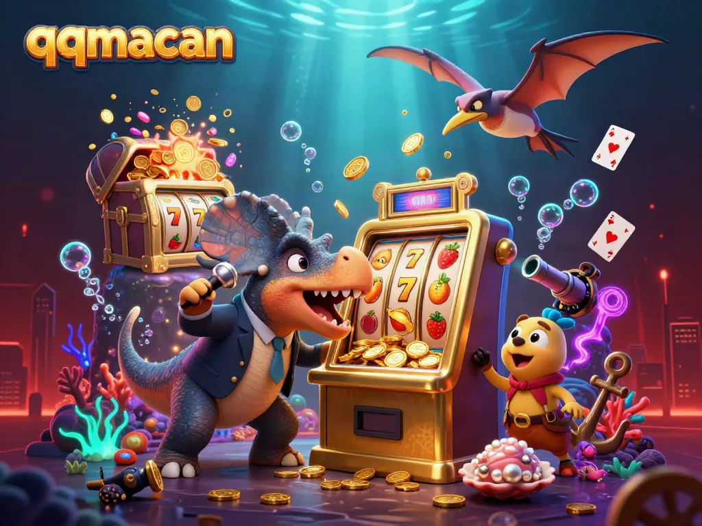 Watch qqmacan's pachycephalosaurus triggering a jackpot while surrounded by glowing underwater treasures and dynamic casino elements.