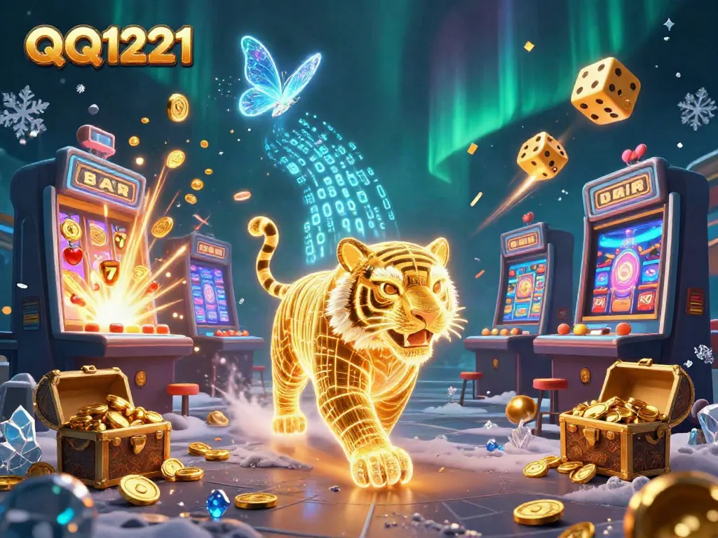 Experience the excitement of QQ1221 slots with a glowing golden tiger and vibrant casino elements.