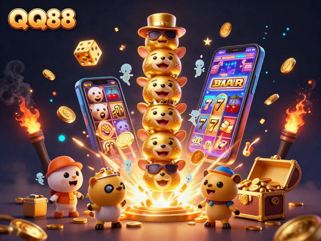 Experience the thrill of QQ88 with a vibrant 3D casino illustration featuring dynamic game elements.