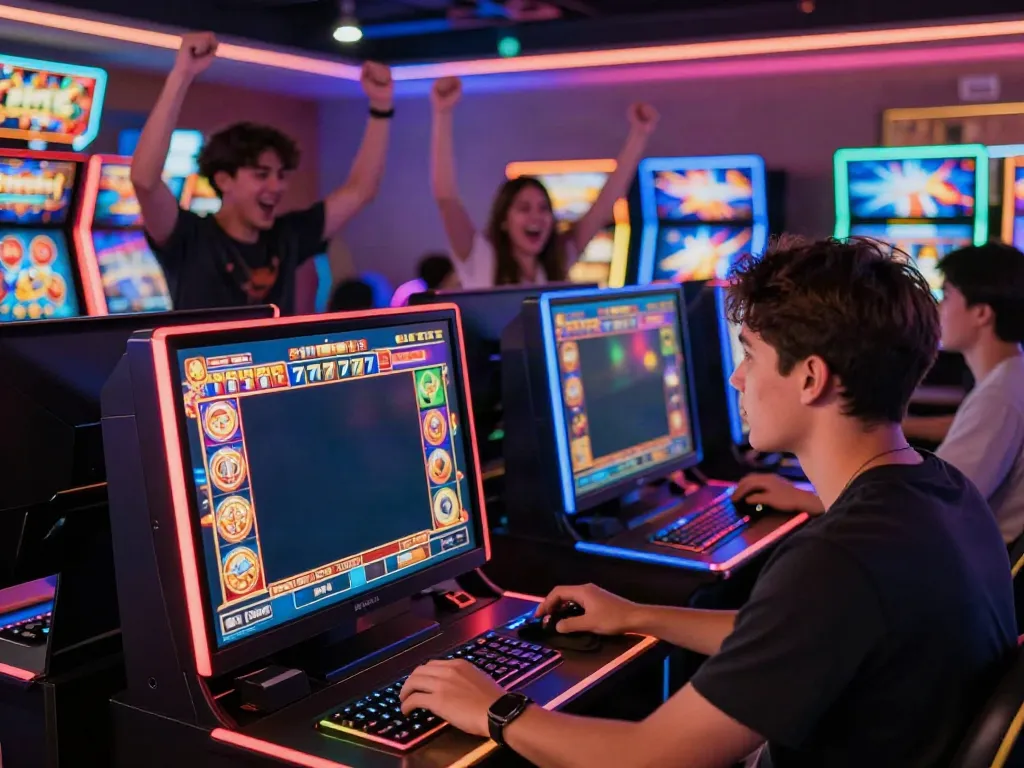 Pengguna bermain slot777 dengan antusias di kasino online, dikelilingi cahaya neon dan suasana ceria.