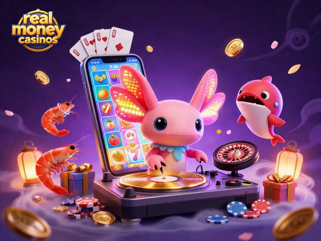 Experience real money casinos with vibrant axolotl DJ and colorful slot games in this dynamic 3D scene.