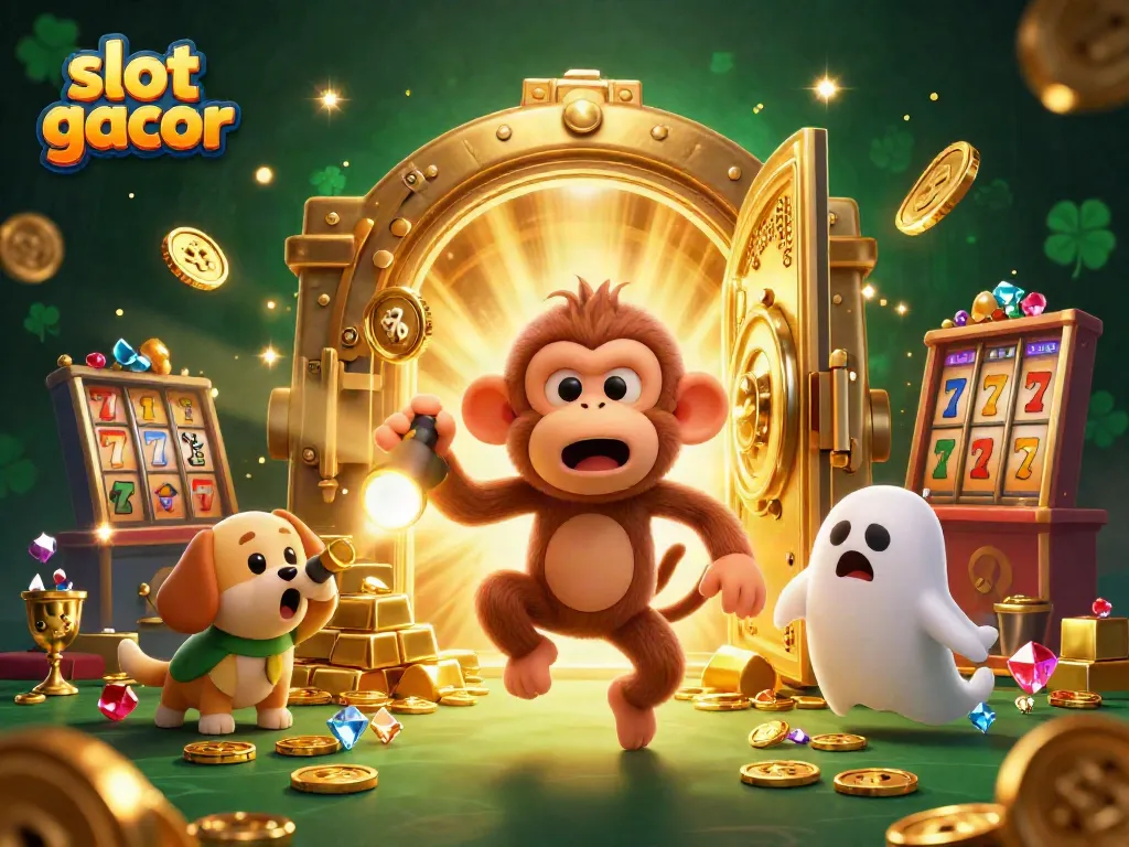Experience slot gacor excitement in a dynamic, rich casino scene with playful characters.