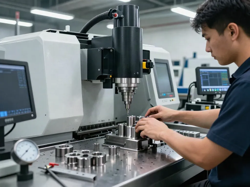 Precision CNC machining supplier workshop with skilled machinist operating a CNC milling machine and intricate metal parts.