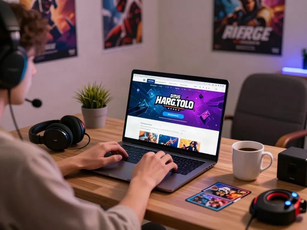 Engaging home gaming setup featuring situs hargatoto on laptop with gaming accessories.