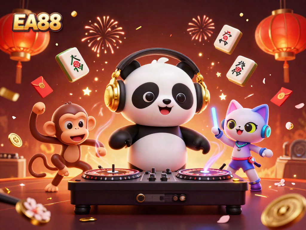 Spin the reels at EA88 Casino, showcasing a vibrant scene with a DJ panda and lively characters.