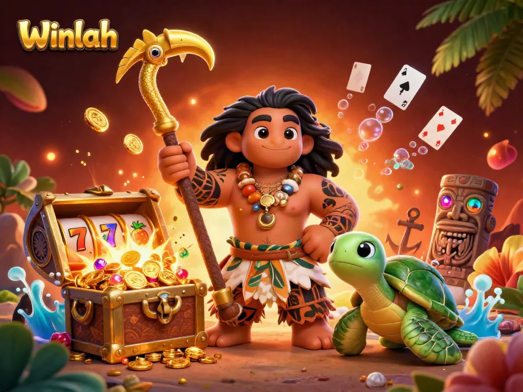 Winlah illustrates a vibrant casino scene with slot reels, gold coins, and a magical theme.