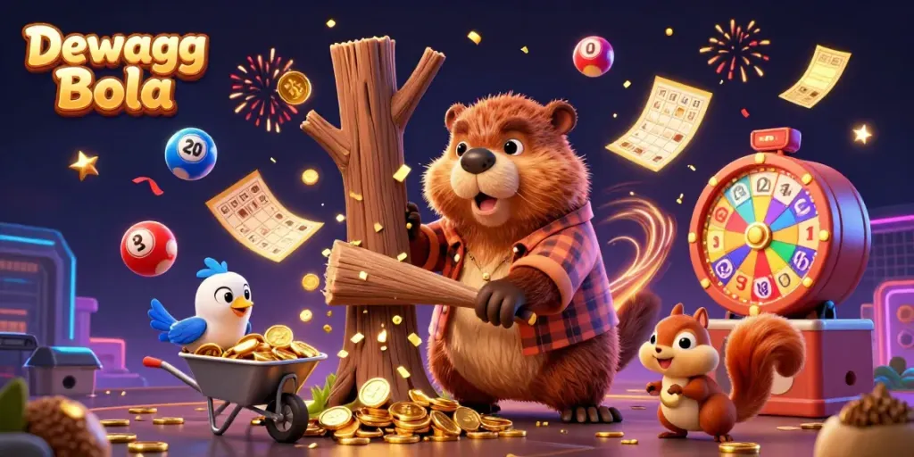 Experience the excitement of Dewagg Bola with a vibrant scene of joyful characters collecting coins and lottery elements.
