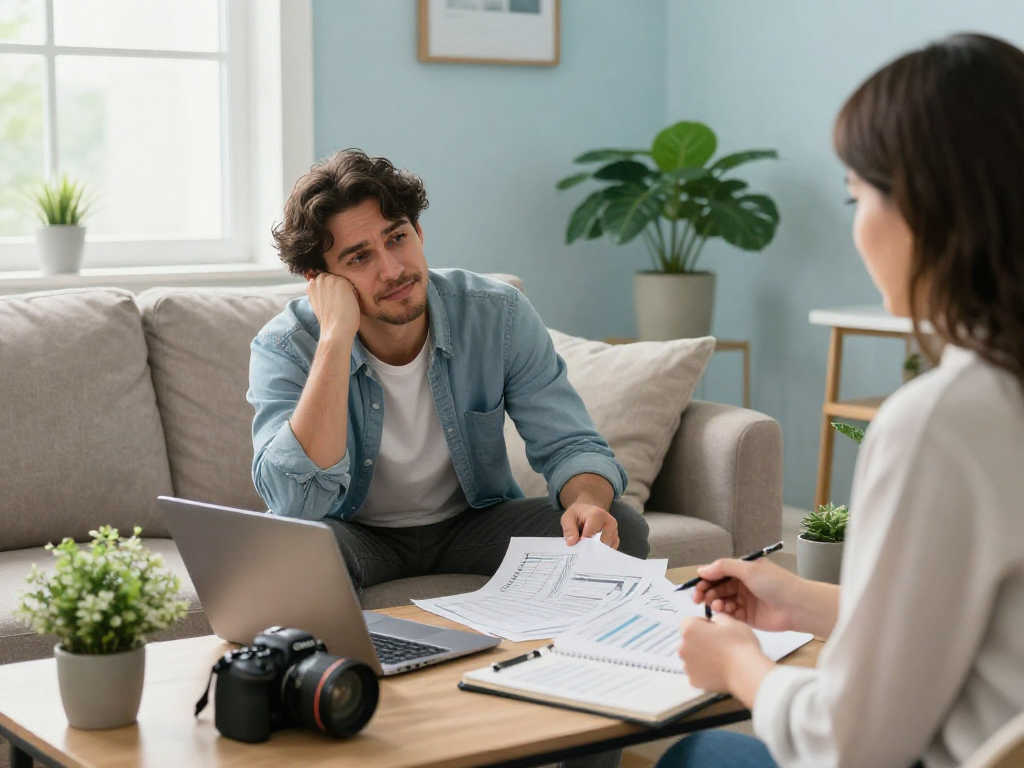 Individual discussing consolidation strategies with a financial advisor in a cozy living room.