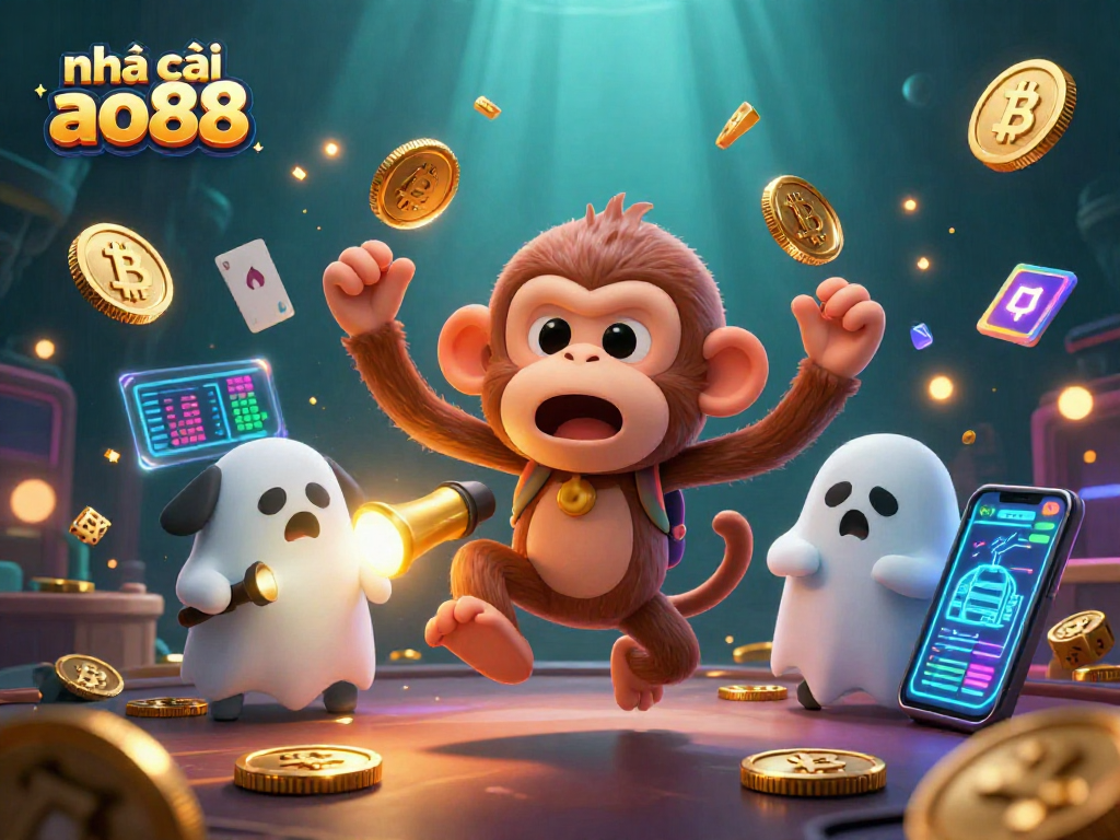 Engaging scene with a mischievous monkey juggling coins at nhà cái ao88 while a curious puppy tracks it, showcasing an exciting casino atmosphere.