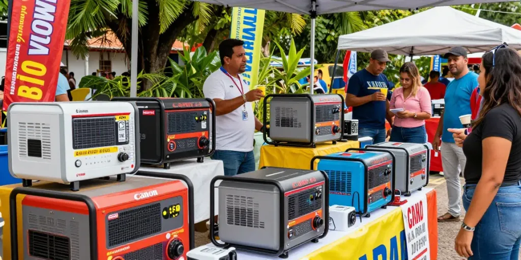 Plantas eléctricas Venezuela en un mercado vibrante con modelos variados y un vendedor explicando funciones a compradores.