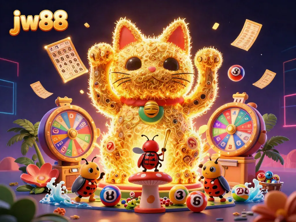Immerse in the world of jw88 with vibrant casino visuals featuring a lucky cat, lottery balls, and dynamic prize elements.